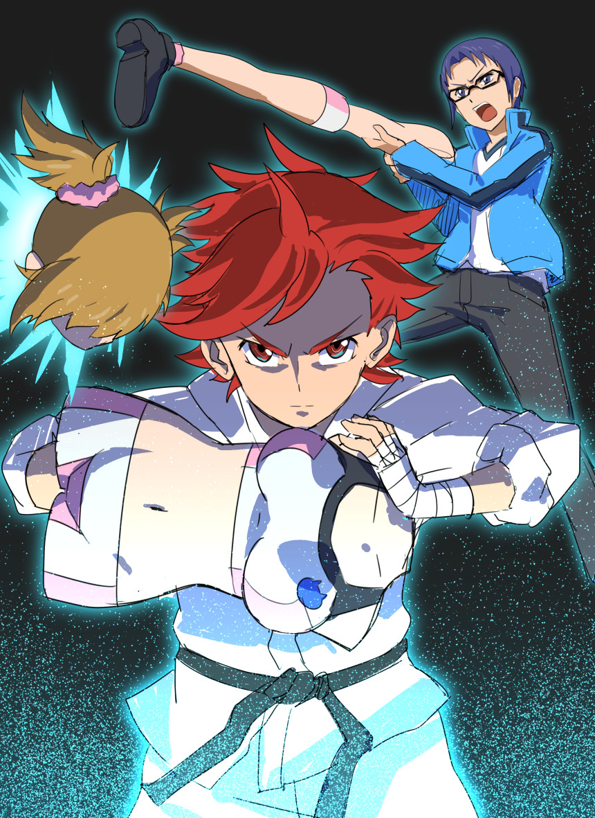 10s 1girl 2boys bandaged_arm bandages bike_shorts blue_hair brown_hair detached_arm dougi glasses gundam gundam_build_fighters gundam_build_fighters_try hoshino_fumina jacket kamiki_sekai karate_gi kousaka_yuuma multiple_boys navel red_eyes red_hair severed_head sports_bra sukekiyo56 what