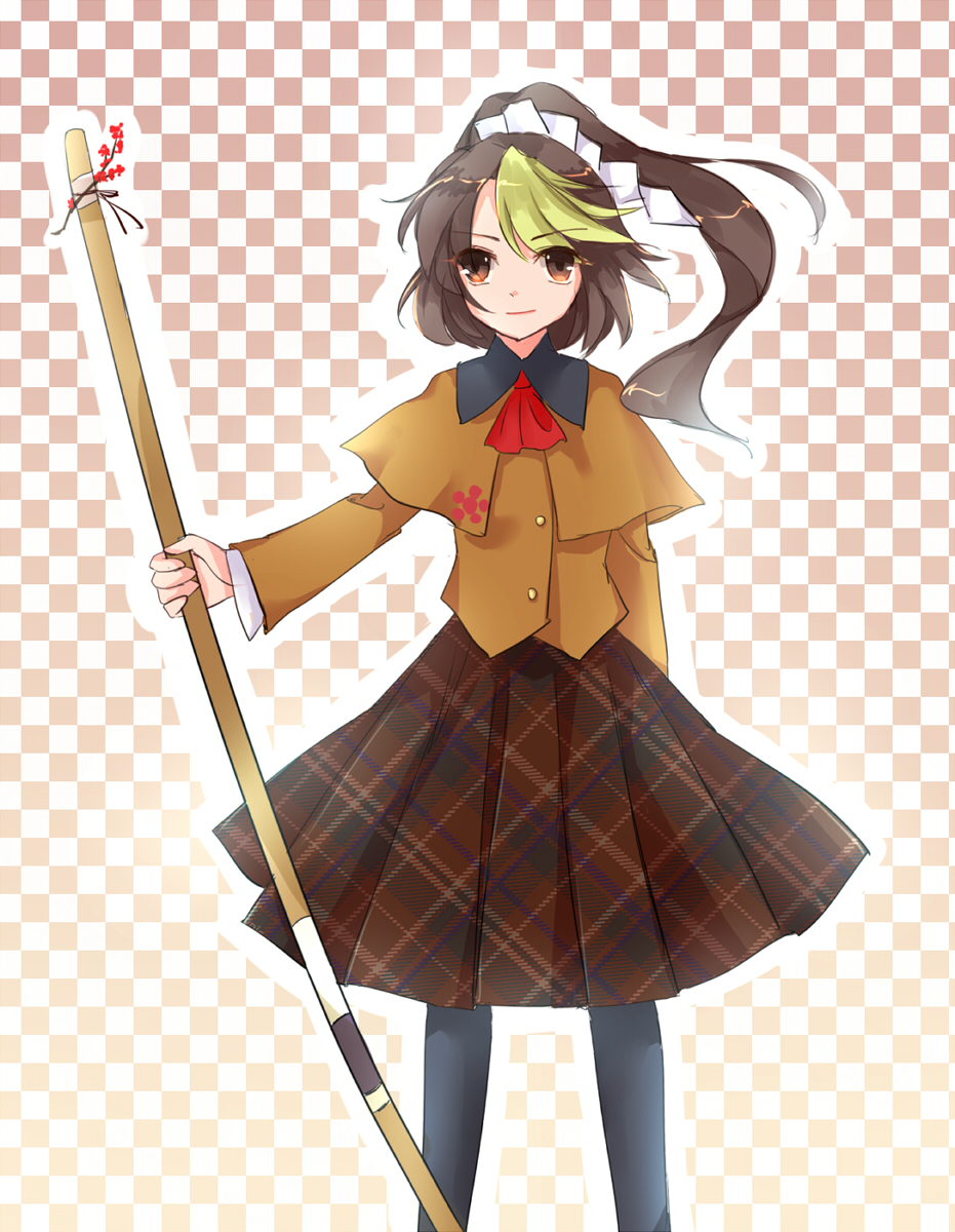 1girl akinomiya_asuka black_pantyhose blonde_hair bow_(weapon) brown_eyes brown_hair capelet checkered_clothes checkered_skirt female_focus flower highres magatsuji_hatsuna multicolored_hair original pantyhose ponytail riverbed_soul_saver skirt solo touhou weapon