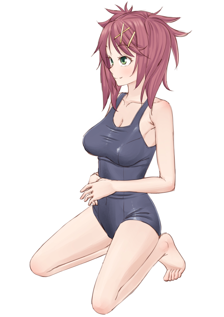 1girl amanchu! bare_shoulders barefoot blush breasts cleavage commentary_request easy_(aqk7bdqt) female_focus full_body green_eyes hair_ornament hairclip large_breasts ninomiya_ai red_hair school_swimsuit simple_background smile solo squatting swimsuit white_background x_hair_ornament