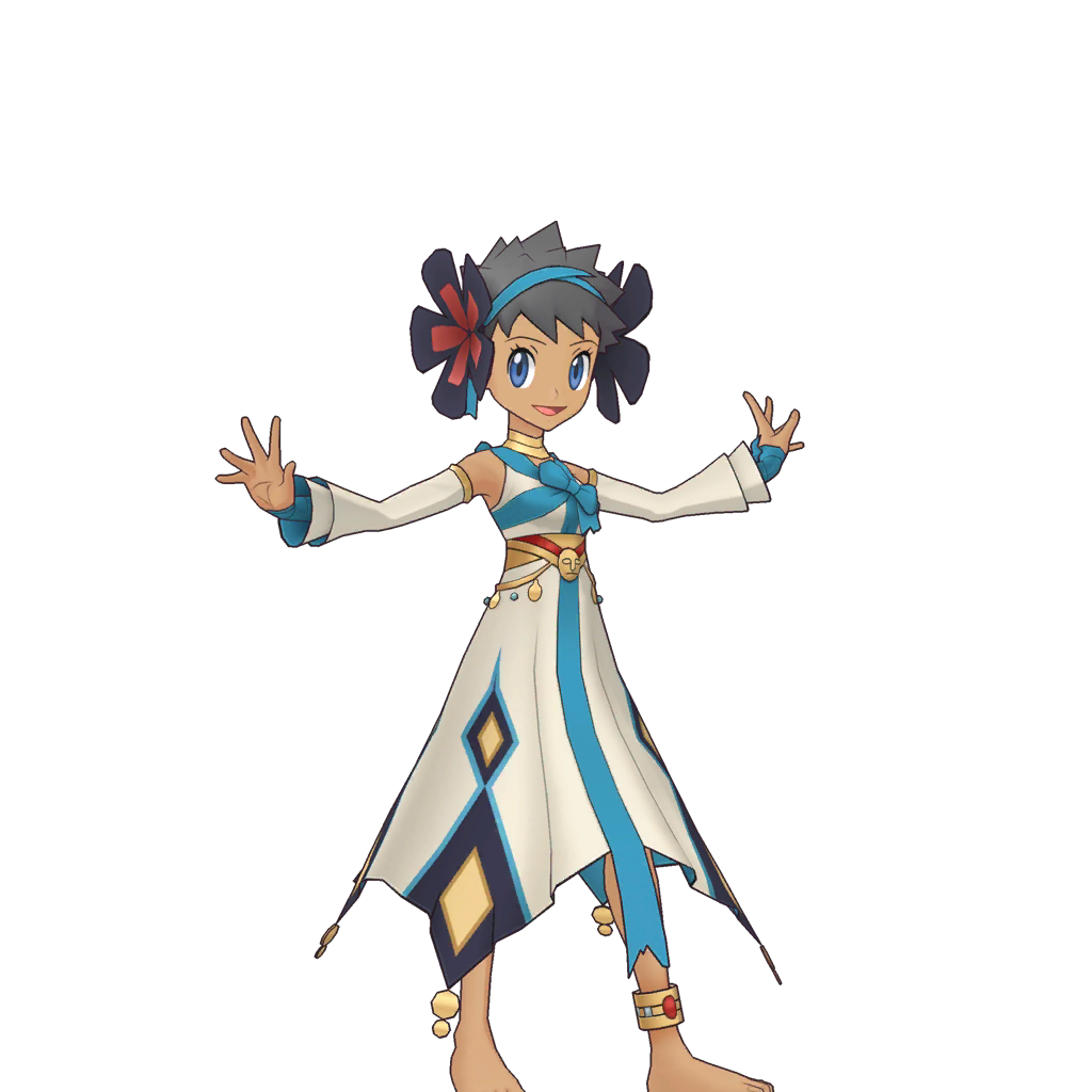 1girl alternate_color alternate_costume anklet bare_legs barefoot blue_eyes dark-skinned_female dark_skin detached_sleeves elite_four feet flower flower_on_head halloween halloween_costume jewelry nintendo official_alternate_color official_alternate_costume official_art open_mouth phoebe_(fall_2023)_(pokemon) phoebe_(pokemon) pokemon pokemon_masters_ex short_hair smile