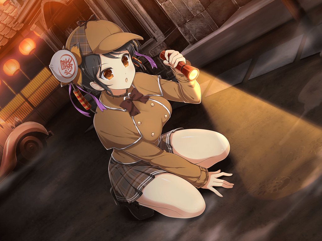 1girl architecture steamed_bun baozi_hair_ornament black_hair blush bow breasts brown_bow brown_capelet brown_coat brown_hat buttons cabbie_hat capelet car chinese_clothes coat deerstalker detective door double-breasted east_asian_architecture firecrackers flashlight flashlight_beam fog food food-themed_hair_ornament footprints hair_ornament hair_ribbon hat holding holding_flashlight kneeling lantern large_breasts light meimei_(senran_kagura) miniskirt motor_vehicle official_alternate_costume official_art open_mouth orange_eyes outdoors paper_lantern plaid_clothes plaid_skirt puddle purple_ribbon ribbon senran_kagura senran_kagura_new_link senran_kagura_new_wave shiny_skin short_hair skirt solo squatting translation_request victorian vintage_car wheel yaegashi_nan