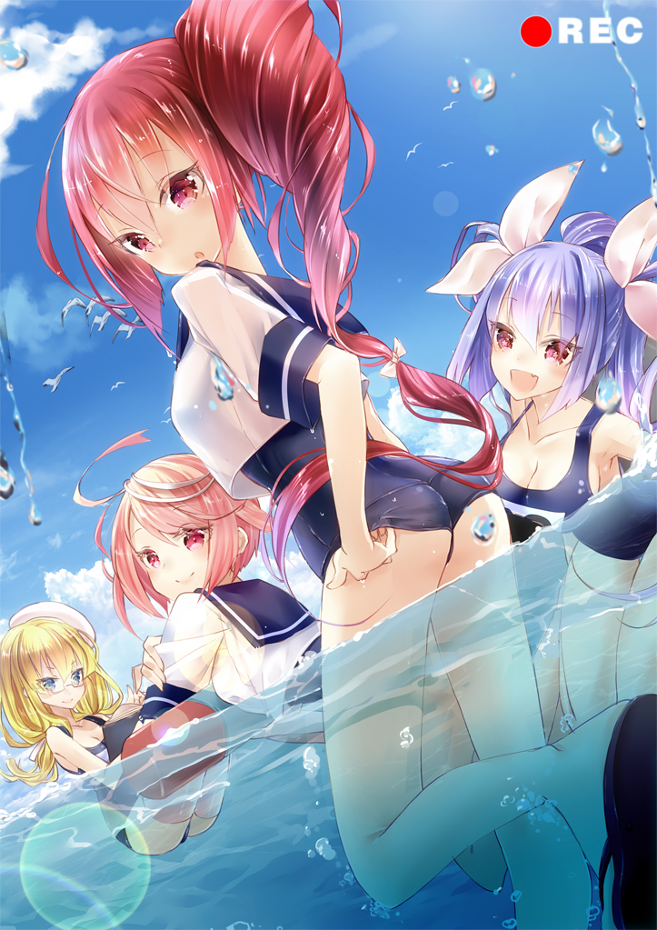 10s 218 4girls adjusting_clothes adjusting_swimsuit alternate_hairstyle bird blonde_hair blush cloud day drill_hair flip-flops glasses hat i-168_(kancolle) i-19_(kancolle) i-58_(kancolle) i-8_(kancolle) innertube kantai_collection long_hair looking_at_viewer looking_back md5_mismatch multiple_girls personification recording red_eyes sandals school_swimsuit school_uniform serafuku short_hair swim_ring swimsuit swimsuit_under_clothes thighhighs water white_legwear