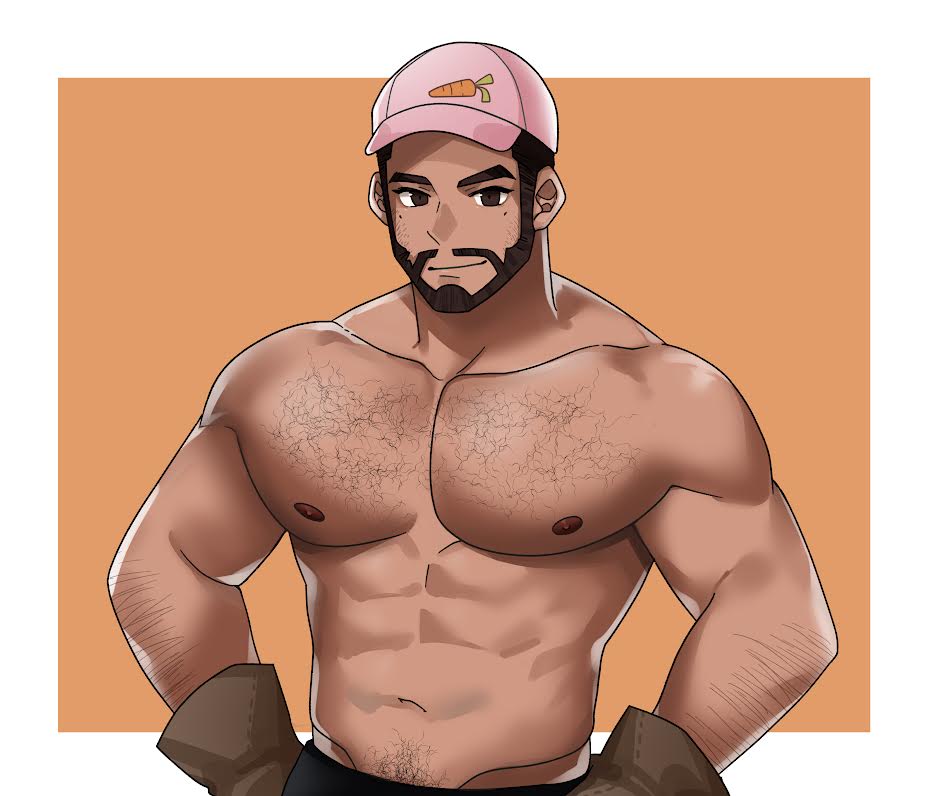 1boy abs bara baseball_cap beard brown_hair carrot_print coral_island cowboy_shot facial_hair farmer_(thediomedez) food_print full_beard gloves hairy hat large_pectorals looking_at_viewer male_focus masa.hiro muscular muscular_male navel navel_hair nipples original pectorals pink_hat second-party_source short_hair smile solo sparse_arm_hair sparse_chest_hair standing stomach topless_male