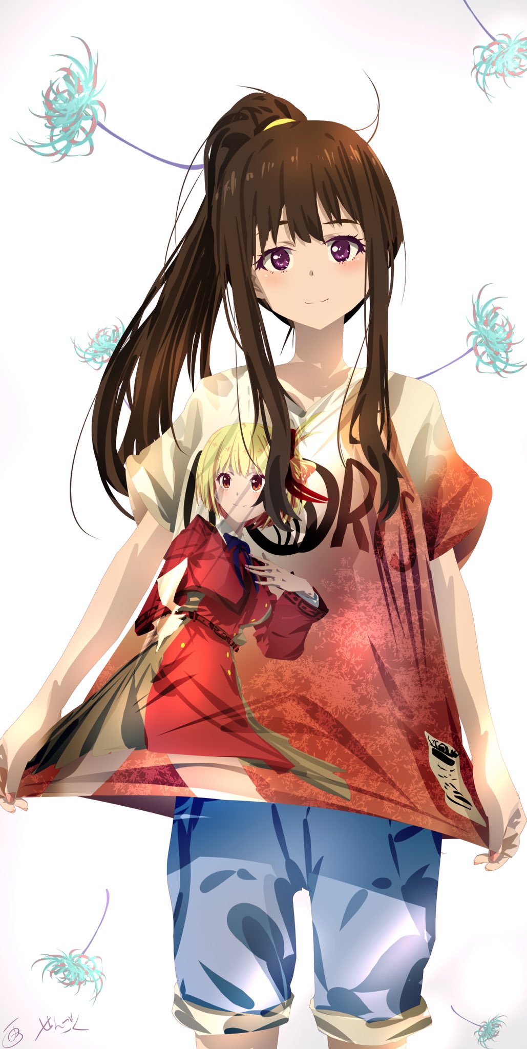 1girl alternate_hairstyle artist_name black_hair blonde_hair blue_flower blue_pants blue_spider_lily bob_cut closed_mouth cowboy_shot dress flower grey_dress high_ponytail highres inoue_takina long_hair long_sleeves lycoris_recoil lycoris_uniform nishikigi_chisato pants ponytail print_shirt purple_eyes red_dress red_eyes sengoku_chidori shirt short_hair short_sleeves smile solo spider_lily standing t-shirt two-tone_dress