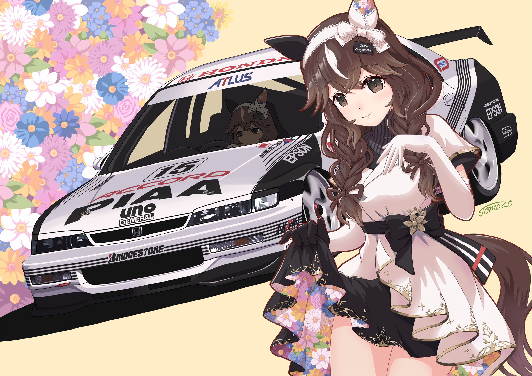 1girl animal_ears asymmetrical_gloves atlus black_gloves braid braided_sidelocks bridgestone brown_eyes brown_hair car clothes_lift curren_bouquetd'or_(umamusume) dress dress_lift elbow_gloves epson flower gloves hair_between_eyes hairband highres honda honda_accord horse_ears horse_girl looking_at_viewer low_twin_braids mismatched_ear_covers mismatched_gloves motor_vehicle multiple_views signature smile tomozo8674 twin_braids umamusume vehicle_focus white_gloves white_hairband yellow_background