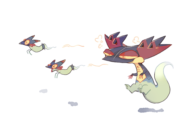 &gt;_&lt; akadako animal_focus cheek_bulge claws closed_eyes closed_mouth colored_sclera dragapult dreepy floating full_body gen_8_pokemon motion_lines nintendo no_humans open_mouth pokemon pokemon_(creature) puff_of_air puffy_cheeks red_eyes simple_background white_background yellow_sclera