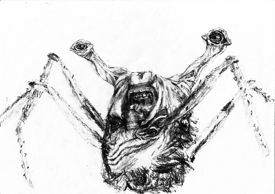 1980s_(style) charcoal_(medium) creepy greyscale head_spider imawori_kou monochrome no_humans oldschool open_mouth retro_artstyle science_fiction severed_head simple_background the_thing the_thing_(creature) transformation white_background