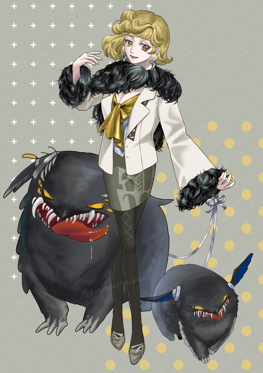 1girl :d black_pantyhose blonde_hair breasts cleavage cloak creature crossed_legs earrings full_body fur-trimmed_cloak fur-trimmed_sleeves fur_trim grey_background grey_shoes grey_skirt hand_up hinomorireiya holding holding_leash jacket jewelry leash miniskirt ms._newbabel open_mouth pantyhose pet pom_pom_(clothes) pom_pom_earrings reverse:1999 shoes short_hair skirt smile solo standing white_jacket yellow_eyes
