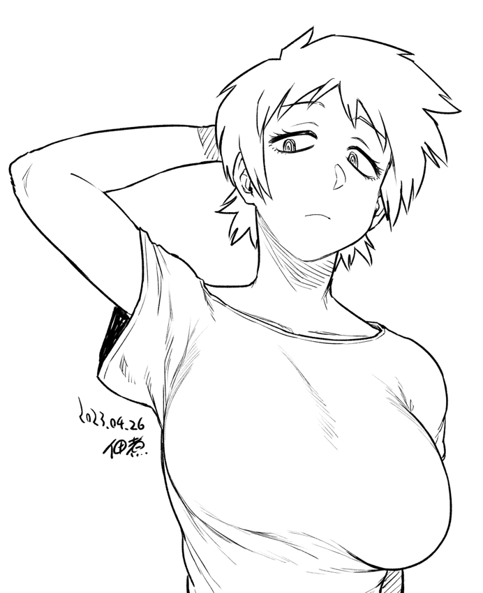 1girl arm_behind_head breasts dated frown greyscale large_breasts maggie_mui monochrome read_or_die short_hair simple_background solo tsukudani_(coke-buta) upper_body white_background