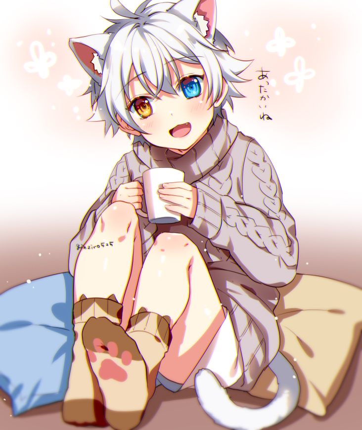 1boy animal_ears blue_eyes cat_boy cat_ears cat_tail child ginjiro_(ginziro525) ginjiro_(vtuber) indie_virtual_youtuber looking_at_viewer male_focus orange_eyes paw_print_soles pillow short_hair shorts sitting sitting_on_pillow smile socks solo tail translation_request virtual_youtuber