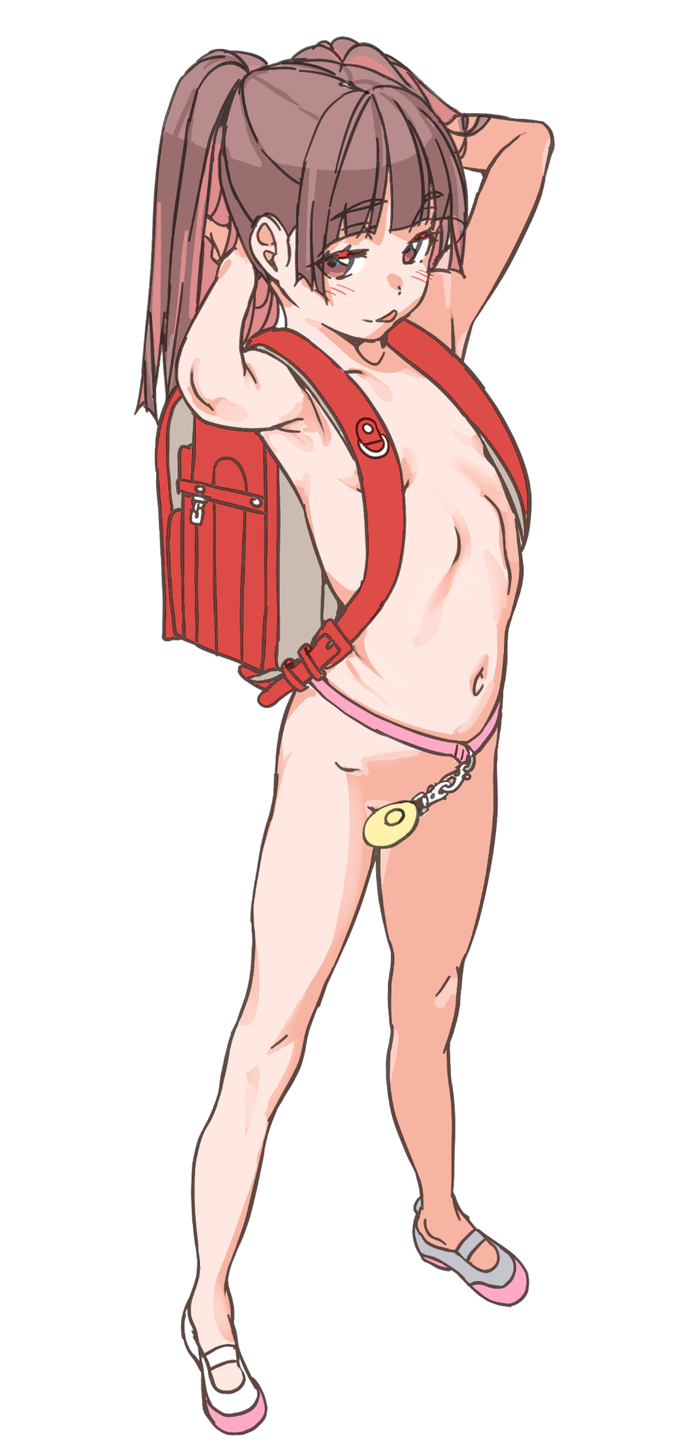 1girl backpack bag blush brown_eyes brown_hair colored_inner_hair convenient_censoring crime_prevention_buzzer flat_chest full_body haimura_kiyotaka highres loli multicolored_hair navel nude original randoseru shoes simple_background sketch solo standing tongue tongue_out two_side_up webp-to-png_conversion white_background