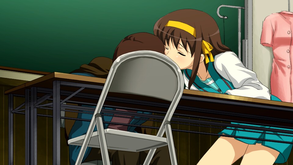 00s 1boy 1girl brown_hair censored censored_kiss chair chair_censor convenient_censoring closed_eyes hetero indoors kiss kyon long_sleeves sanshita school_uniform serafuku short_hair sleep_molestation sleeping suzumiya_haruhi suzumiya_haruhi_no_yuuutsu