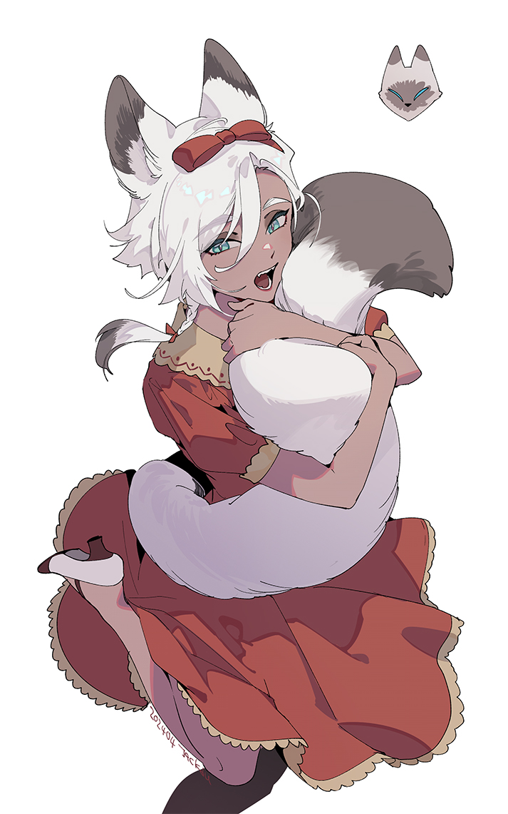 1girl alternate_animal_ears animal_ears aqua_eyes artist_name bow braid byuub cat_ears cat_girl cat_tail dated dress fangs final_fantasy final_fantasy_xiv foot_out_of_frame from_above hair_between_eyes hair_bow high_heels holding_own_tail lace lace-trimmed_dress lace_trim leg_up looking_at_viewer open_mouth puffy_short_sleeves puffy_sleeves red_bow red_dress short_hair_with_long_locks short_sleeves signature simple_background single_braid slit_pupils solo standing standing_on_one_leg swept_bangs tail warrior_of_light_(ff14) white_background white_footwear white_hair