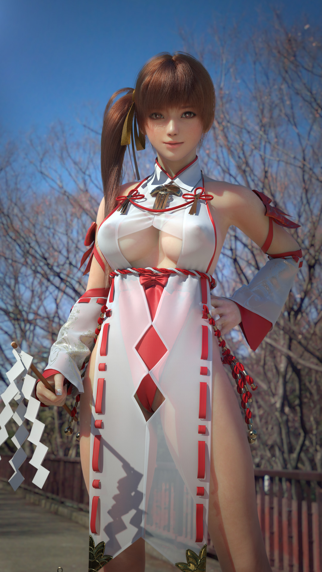 1girl bare_legs bare_shoulders breasts covered_erect_nipples dead_or_alive highres incise_soul kasumi_(doa) large_breasts legs long_hair looking_at_viewer m-rs pussy pussy_peek see-through_clothes sleeveless standing thighs transparent tree underboob