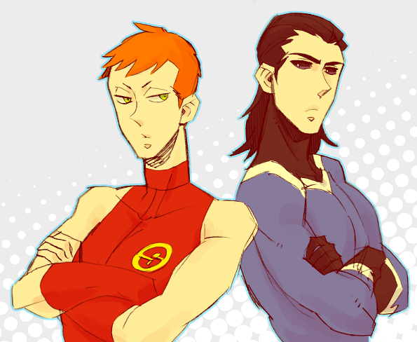 2boys aqua_lad back-to-back black_hair bodysuit cartoon_network crossed_arms dc_comics garth gloves green_eyes male_focus multiple_boys orange_hair pixiv_sample roy_harper speedy superhero_costume teen_titans