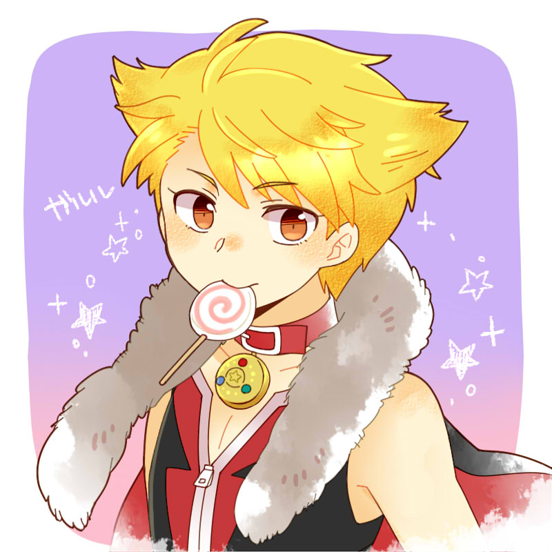 1boy blonde_hair candy collar food gradient_background idolmaster idolmaster_side-m kinococcos lollipop looking_at_viewer maita_rui male_focus mouth_hold official_alternate_costume orange_eyes red_collar short_hair solo star_(symbol) swirl_lollipop upper_body zipper_pull_tab