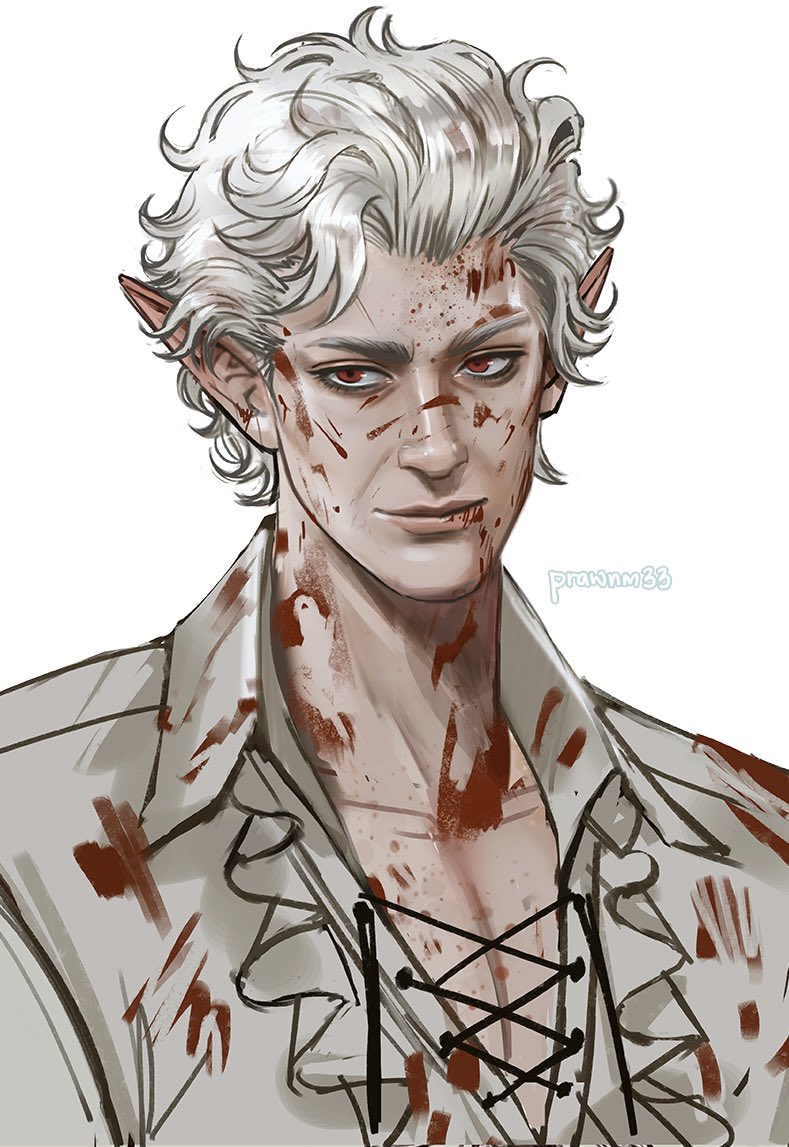 1boy astarion baldur&#039;s_gate baldur&#039;s_gate_3 blood blood_on_body blood_on_clothes blood_on_face closed_mouth collarbone collared_shirt commentary cross-laced_clothes cross-laced_top dungeons_&amp;_dragons english_commentary frilled_shirt frills looking_to_the_side male_focus mistermagnolia pointy_ears red_eyes shirt short_hair sideways_glance solo upper_body wavy_hair white_hair white_shirt wing_collar