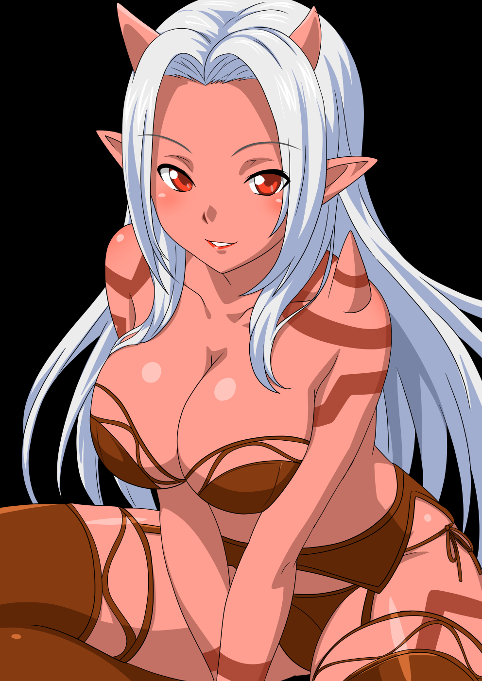 1girl alternate_form anime_coloring black_background body_markings bra breasts brown_bra brown_garter_straps brown_panties brown_thighhighs cleavage collarbone colored_skin commentary_request dragon_quest dragon_quest_x feet_out_of_frame heroine_(dq10) highres horns large_breasts long_hair looking_at_viewer ogre_(dq10) panties parted_bangs parted_hair pointy_ears red_eyes red_horns red_lips red_skin shoulder_spikes side-tie_panties smile spikes strapless strapless_bra thighhighs underwear white_hair yuuyuu_(3jjbn)