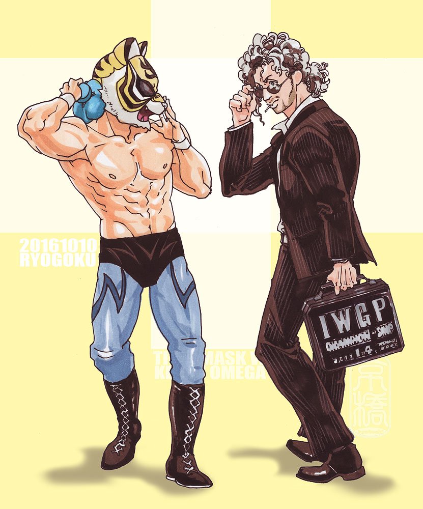 10s 2boys abs black_hair briefcase curly_hair kenny_omega kyobashi long_hair looking_at_another male_focus mask multicolored_hair multiple_boys muscular new_japan_pro_wrestling silver_hair sunglasses tiger_mask tiger_mask_(series) tiger_mask_w two-tone_hair wrestling