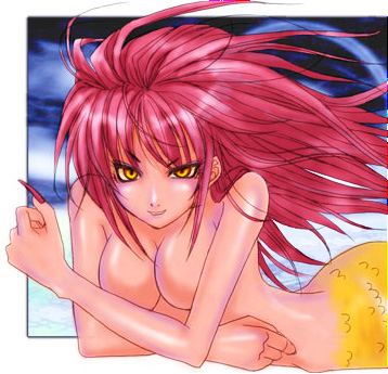 1girl 2000s_(style) breasts commentary_request completely_nude convenient_arm feliciel fingernails large_breasts long_hair looking_at_viewer lowres mermaid monster_girl nude obeaune orange_eyes pink_hair ragnarok_online red_nails sharp_fingernails smile solo upper_body v-shaped_eyebrows