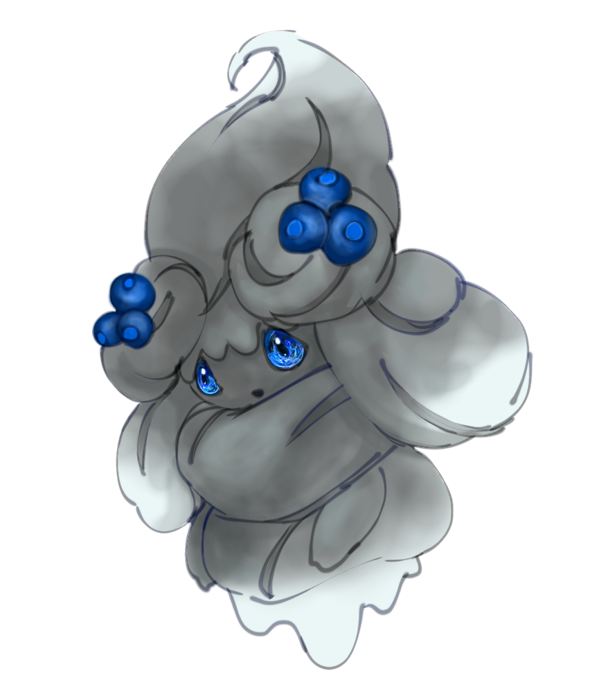1girl alcremie alcremie_(berry_sweet) alternate_color blue_eyes colored_skin female_focus food-themed_hair_ornament full_body gen_8_pokemon gradient_hair grey_hair grey_skin hair_ornament long_hair looking_afar multicolored_hair nintendo open_mouth pokemon pokemon_(creature) rey_(pixiv_95560830) shiny_pokemon sidelocks smile solo two-tone_hair white_hair