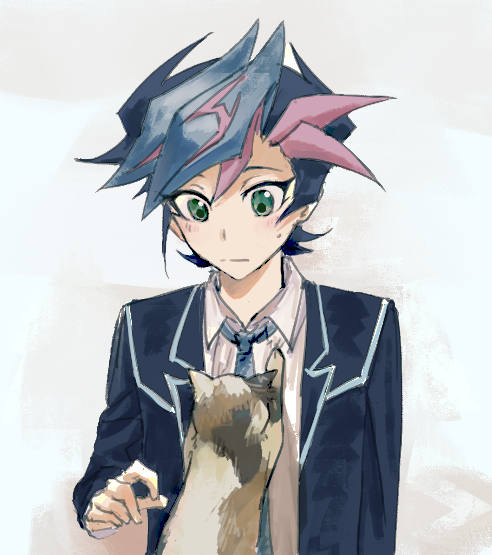 1boy arm_at_side black_hair black_jacket blazer blue_necktie blush cat colored_bangs dress_shirt facing_viewer flustered fujiki_yusaku green_eyes hand_up jacket leaning_on_person looking_down loose_necktie male_focus necktie novale110 open_clothes open_jacket school_uniform shirt sweatdrop upper_body white_background white_shirt yu-gi-oh! yu-gi-oh!_vrains