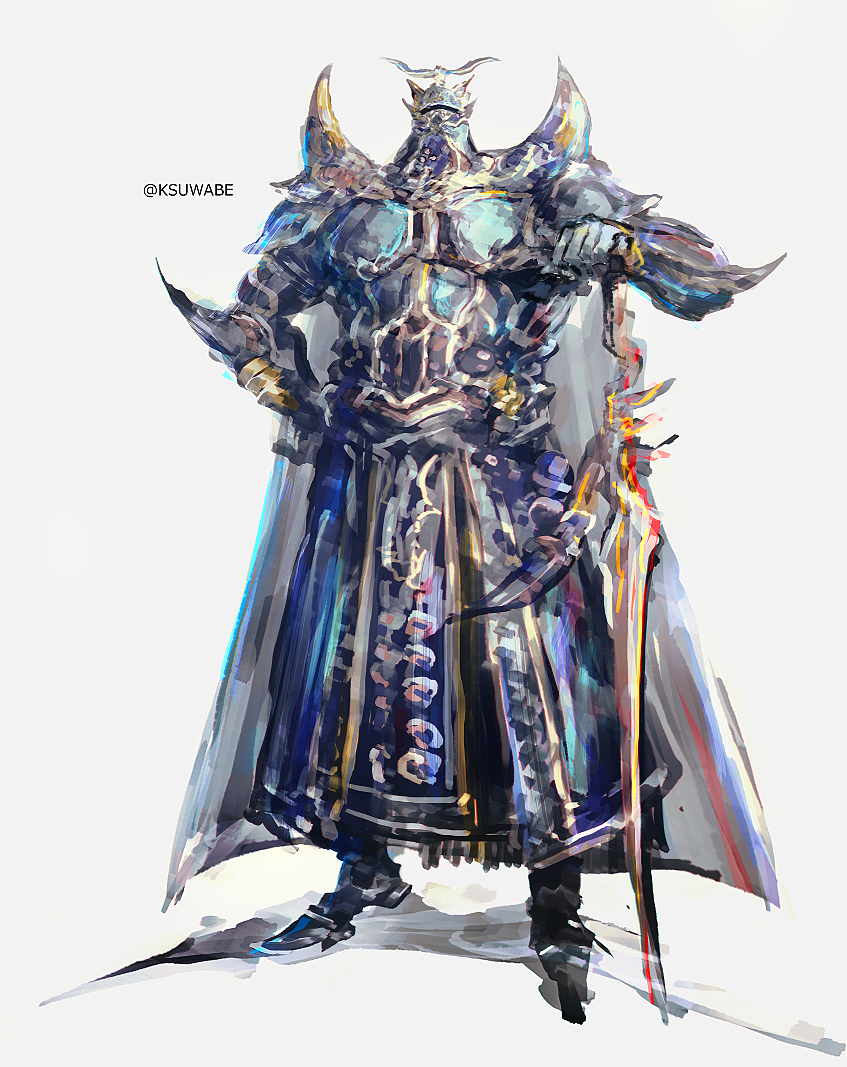 1boy armor blue_cape cape exdeath final_fantasy final_fantasy_v gauntlets helmet holding holding_weapon k-suwabe male_focus pauldrons shoulder_armor simple_background solo spikes sword tall twitter_username weapon