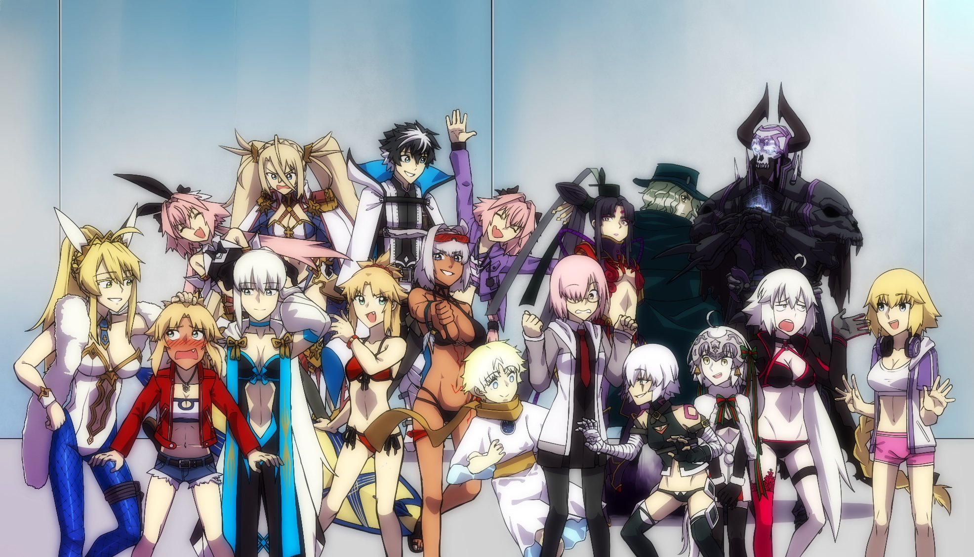 6+boys 6+girls alternate_costume animal_ears artoria_pendragon_(fate) artoria_pendragon_(swimsuit_ruler)_(fate) artoria_pendragon_(swimsuit_ruler)_(first_ascension)_(fate) astolfo_(fate) astolfo_(memories_at_trifas)_(fate) astolfo_(saber)_(fate) astolfo_(saber)_(first_ascension)_(fate) bandages belt black_belt black_hair blonde_hair blue_eyes blue_fire blush bra bradamante_(fate) bradamante_(third_ascension)_(fate) breasts caenis_(fate) caenis_(swimsuit_rider)_(fate) caenis_(swimsuit_rider)_(first_ascension)_(fate) cape charlemagne_(fate) charlemagne_(first_ascension)_(fate) closed_eyes dark_skin edmond_dantes_(fate) fang fate/grand_order fate_(series) fire glasses green_cape green_eyes green_hat hat headpat headphones headpiece highres holding holding_sword holding_weapon hood hoodie horns jack_the_ripper_(fate/apocrypha) jacket jeanne_d'arc_(fate) jeanne_d'arc_alter_(fate) jeanne_d'arc_alter_(swimsuit_berserker)_(fate) jeanne_d'arc_alter_santa_lily_(fate) king_hassan_(fate) large_breasts lazyartlazy12 leotard mash_kyrielight medium_breasts mordred_(fate) mordred_(memories_at_trifas)_(fate) mordred_(swimsuit_rider)_(fate) mordred_(swimsuit_rider)_(first_ascension)_(fate) morgan_le_fay_(fate) morgan_le_fay_(second_ascension)_(fate) multicolored_hair multiple_boys multiple_girls open_clothes open_mouth pink_hair pink_shorts playboy_bunny ponytail purple_eyes purple_jacket rabbit_ears scarf shirt shorts small_breasts swimsuit sword taira_no_kagekiyo_(fate) tank_top thumbs_down twintails underwear ushiwakamaru_(fate) voyager_(fate) weapon white_cape white_hair white_hoodie white_shirt yellow_eyes