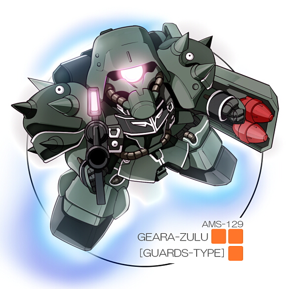 beam_machinegun chibi geara_zulu geara_zulu_guards-type glowing glowing_eye gundam gundam_unicorn high-explosive_anti-tank_(warhead) man-portable_anti-tank_systems mecha no_humans panzerfaust recoilless_gun robot rocket_launcher shield solo spikes take_tonbo weapon