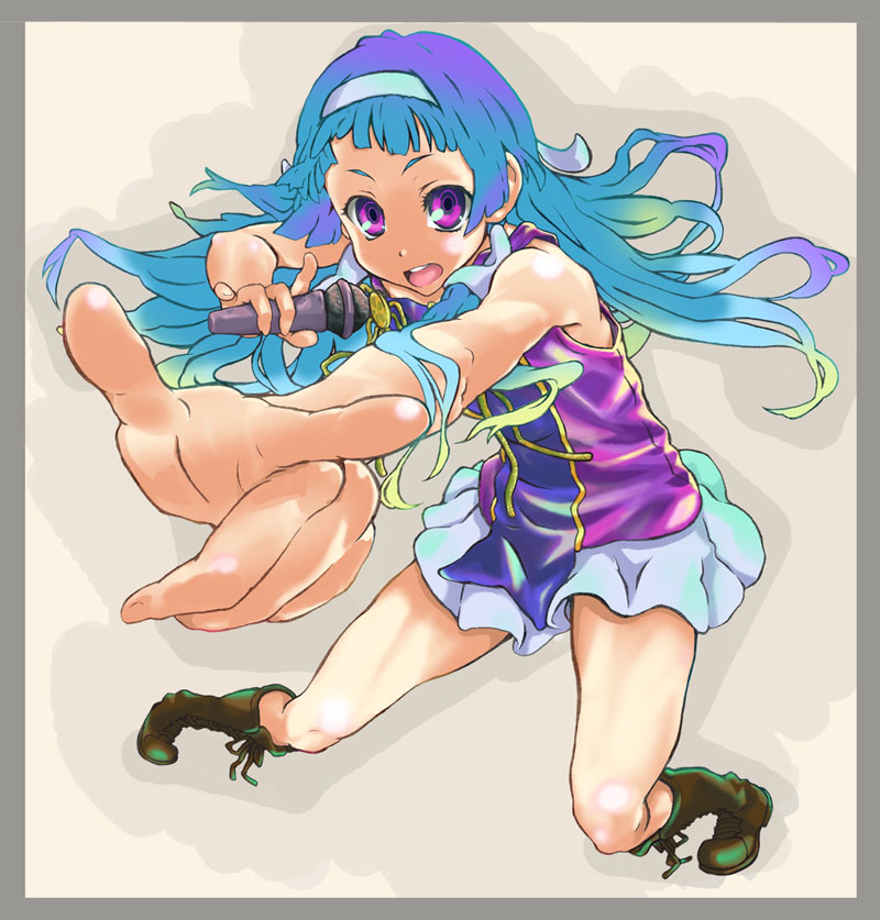 00s 1girl bad_id bad_pixiv_id blue_hair blunt_bangs boots female_focus foreshortening gradient_hair hairband kannagi long_hair microphone multicolored_hair nagi nanaoiyo pleated_skirt purple_eyes skirt solo white_skirt