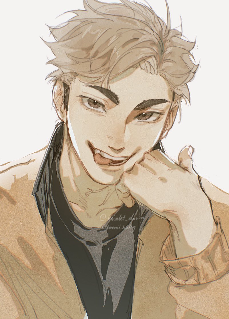1boy alt_text arm_up black_hair black_shirt blonde_hair brown_eyes brown_jacket collarbone commentary english_commentary haikyuu!! head_rest jacket long_sleeves looking_at_viewer male_focus miya_atsumu multicolored_hair parted_hair shirt short_hair smile solo teeth tel_(iimalet_down) thick_eyebrows tongue tongue_out twitter_username two-tone_hair upper_body