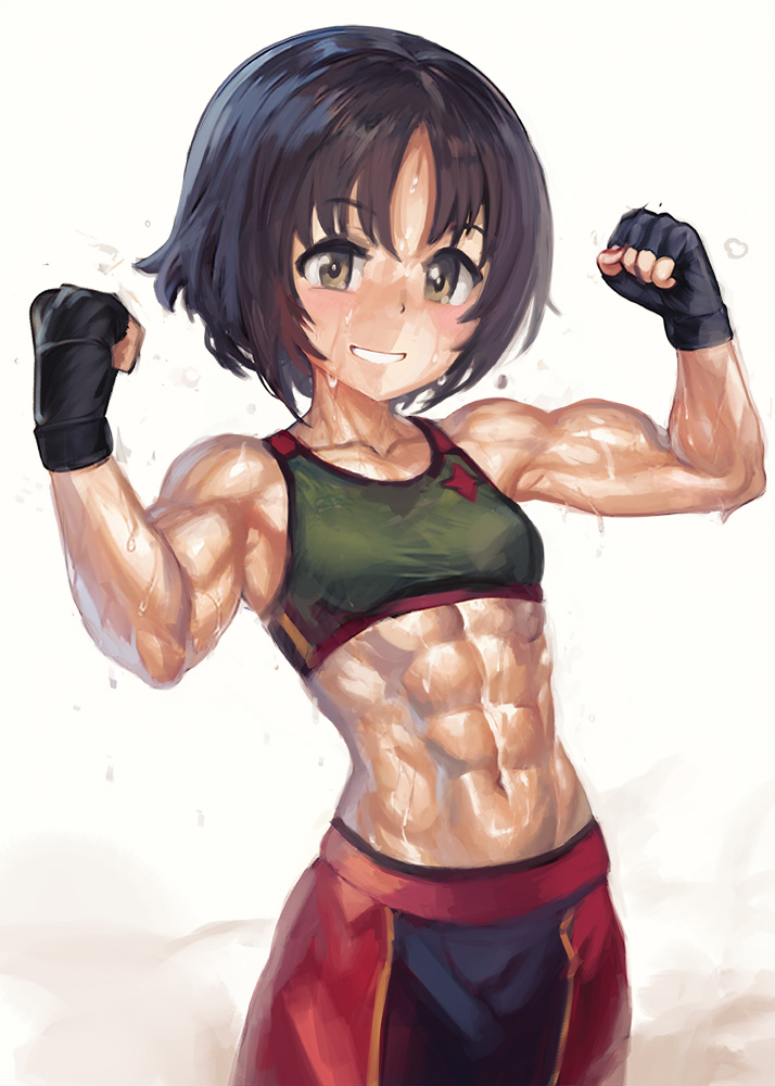 1girl abs alina_(girls_und_panzer) black_gloves brown_hair emblem flexing girls_und_panzer gloves gym_uniform muscular muscular_female pravda_(emblem) sketch solo sweat very_sweaty yilx
