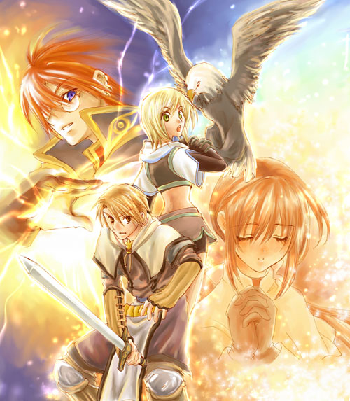 2000s_(style) 2boys 2girls animal_on_arm back-to-back bald_eagle bird bird_on_arm black_jacket black_shirt black_shorts blonde_hair blue_background blue_eyes bracer braid brown_eyes brown_gloves brown_hair brown_pants capelet character_request clenched_teeth collared_jacket commentary cropped_torso determined eagle english_commentary eyelashes feet_out_of_frame fighting_stance furrowed_brow glasses gloves gradient_background green_eyes grey_skirt hair_between_eyes hair_over_one_eye high_collar holding holding_sword holding_weapon interlocked_fingers jacket knee_pads kneeling layered_sleeves light_blush light_particles lightning long_hair long_sleeves midriff miniskirt multiple_boys multiple_girls open_mouth orange_hair own_hands_clasped own_hands_together pants parted_lips praying ragnarok_online round_eyewear scarf shirt short_hair short_over_long_sleeves short_sleeves shorts shorts_under_skirt sidelocks single_braid skirt sleeve_cuffs snowing standing sword tabard tareme teeth upper_teeth_only weapon white_capelet white_scarf white_sleeves white_tabard yellow_background zoosama