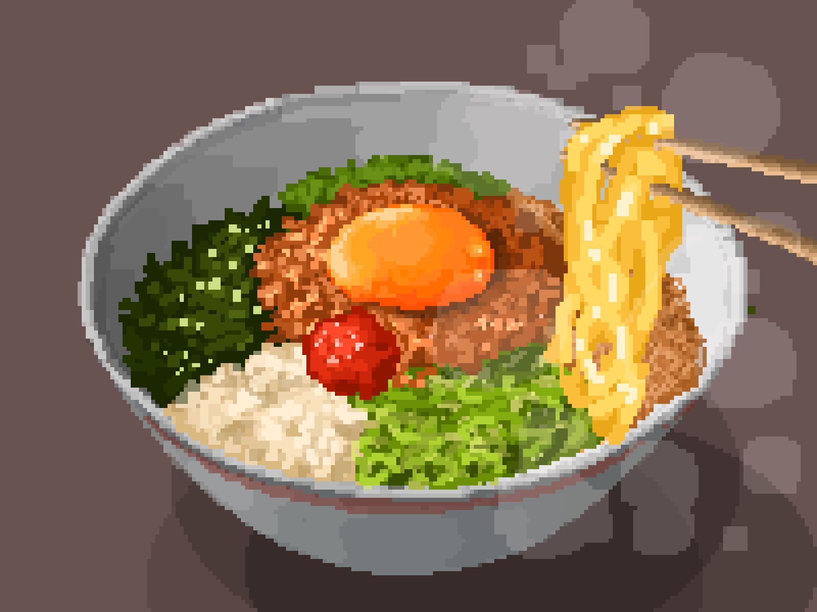 chopped_spring_onion chopsticks egg_yolk food grey_background heimuer highres hisachan55cute no_humans noodles original pixel_art ramen scenery seaweed simple_background steaming_food