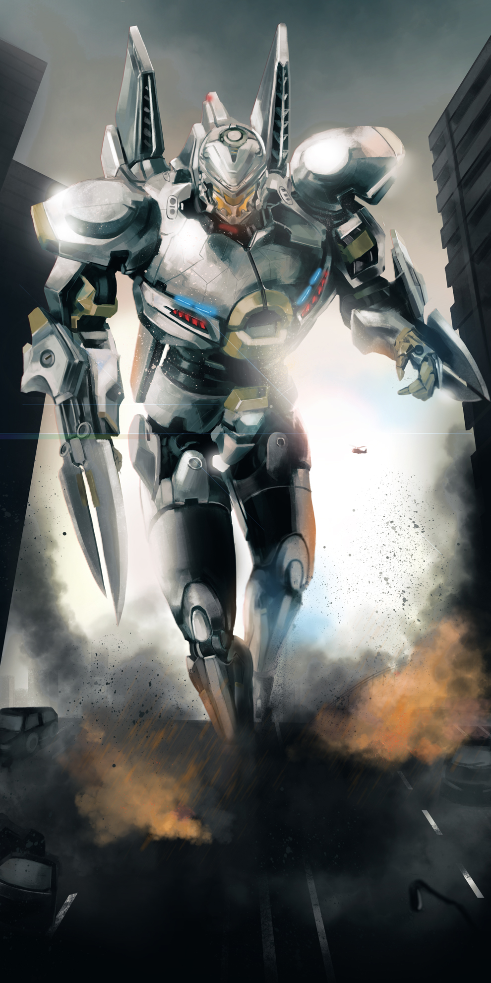 4.211_brass_knuckles aircraft arm_blade assault_mount_3.25_sting-blades blade brass_knuckles car ch-53 city dust fire helicopter highres jaeger_(pacific_rim) legendary_pictures mecha motor_vehicle no_humans pacific_rim pan_pacific_defense_corps realistic robot science_fiction smoke striker_eureka sunlight super_robot weapon wrist_blades zakkyi_(iwakky)