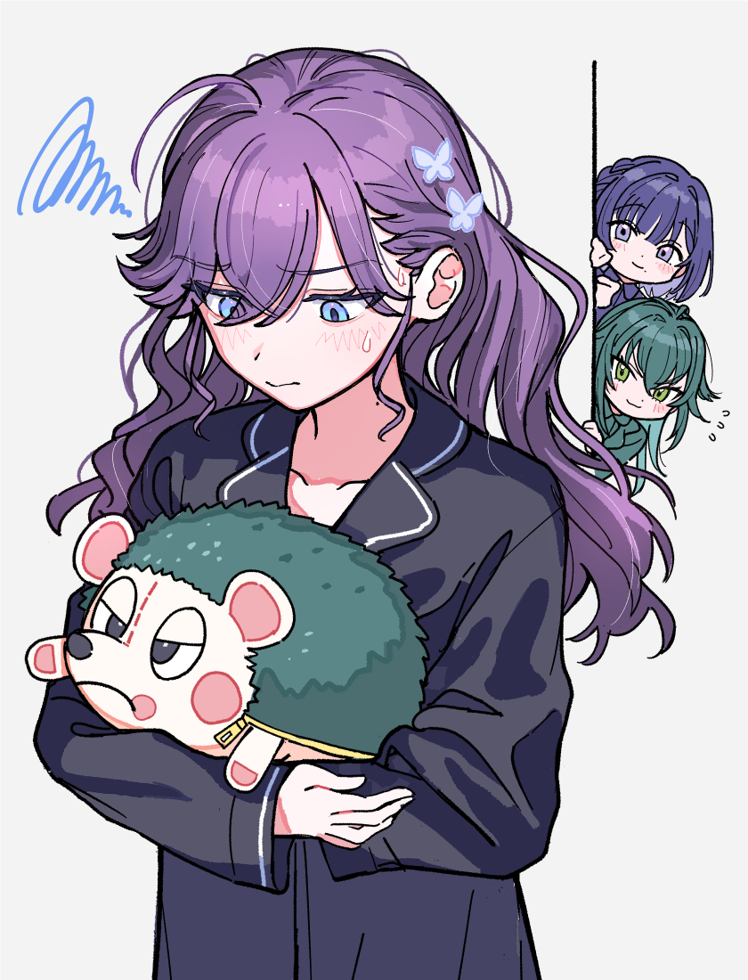 3girls ahoge black_pajamas blush butterfly_hair_ornament commentary_request flying_sweatdrops gakuen_idolmaster green_hair hair_ornament hataya_misuzu hugging_object idolmaster ippan_gakumasup kaya_rinha long_hair looking_at_another looking_at_object multiple_girls pajamas peeking_out purple_hair smile squiggle stuffed_hedgehog sweatdrop tsukimura_temari very_long_hair