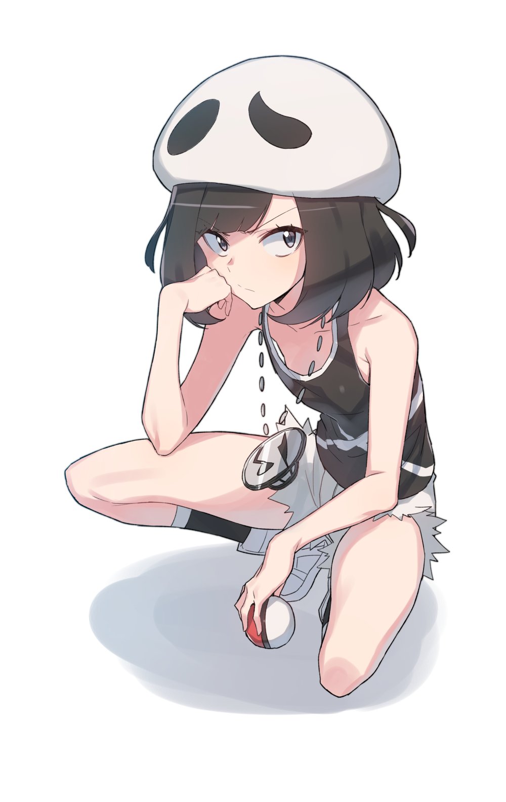1girl black_eyes black_hair cosplay female_focus hand_on_own_face hat highres holding holding_poke_ball jewelry necklace nintendo poke_ball poke_ball_(basic) pokemon pokemon_sm selene_(pokemon) short_hair shorts simple_background solo squatting supernew tank_top team_skull team_skull_(cosplay) team_skull_grunt team_skull_grunt_(cosplay) white_background