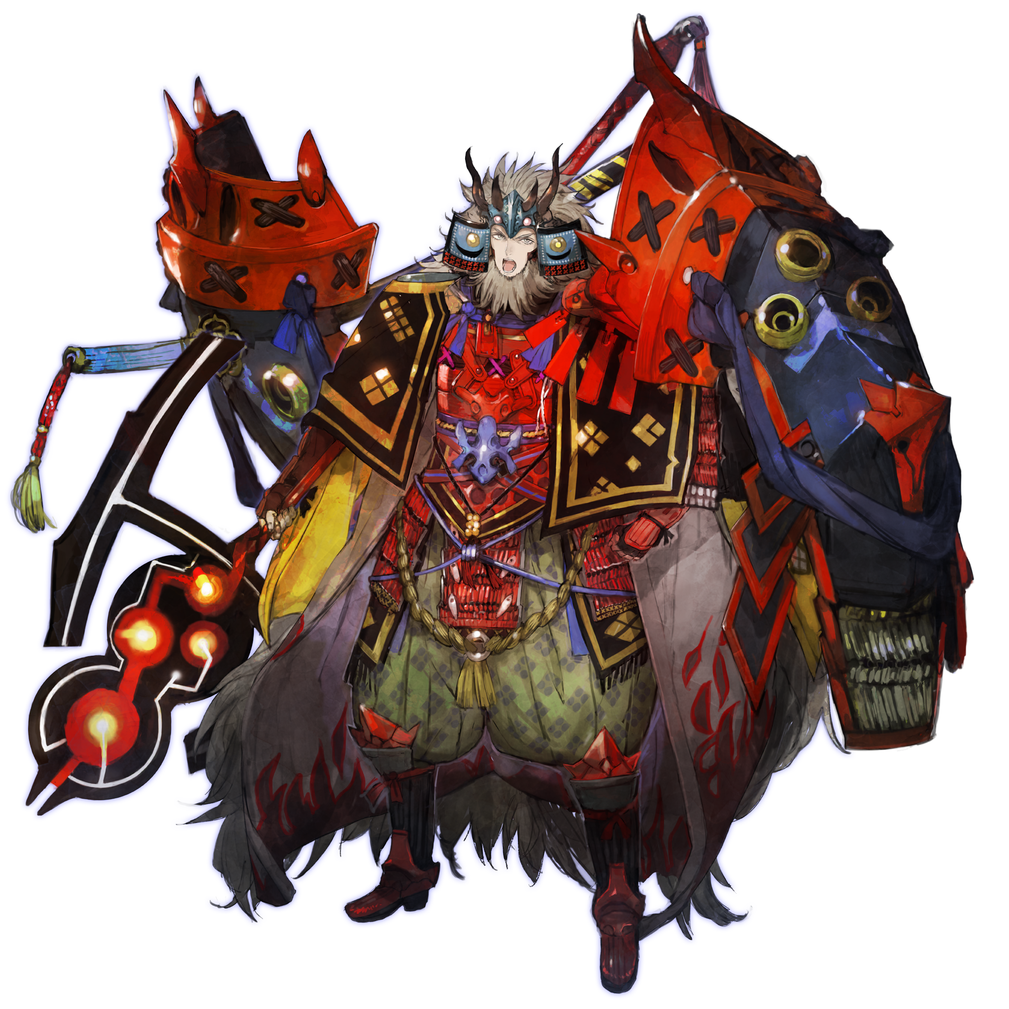 1boy armor fate/grand_order fate_(series) full_armor full_body game_cg grey_eyes helmet highres holding holding_weapon japanese_armor kabuto_(helmet) long_hair looking_at_viewer male_focus official_art open_mouth samurai shoulder_armor solo standing tachi-e takeda_shingen_(fate) third-party_source toi8 transparent_background variant_set very_long_hair weapon white_hair