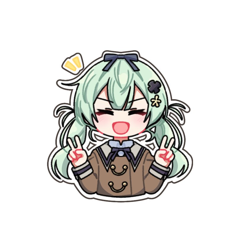 1girl :d ^_^ assault_lily black_bow black_flower blush bow brown_jacket chibi closed_eyes commentary cropped_torso double_v facing_viewer flower green_hair hair_between_eyes hair_flower hair_ornament hands_up jacket long_hair long_sleeves low_twintails notice_lines open_mouth school_uniform simple_background smile solo symbol-only_commentary twintails ueda_imari upper_body v v-shaped_eyebrows white_background yellow_flower yui_(yui1115_)