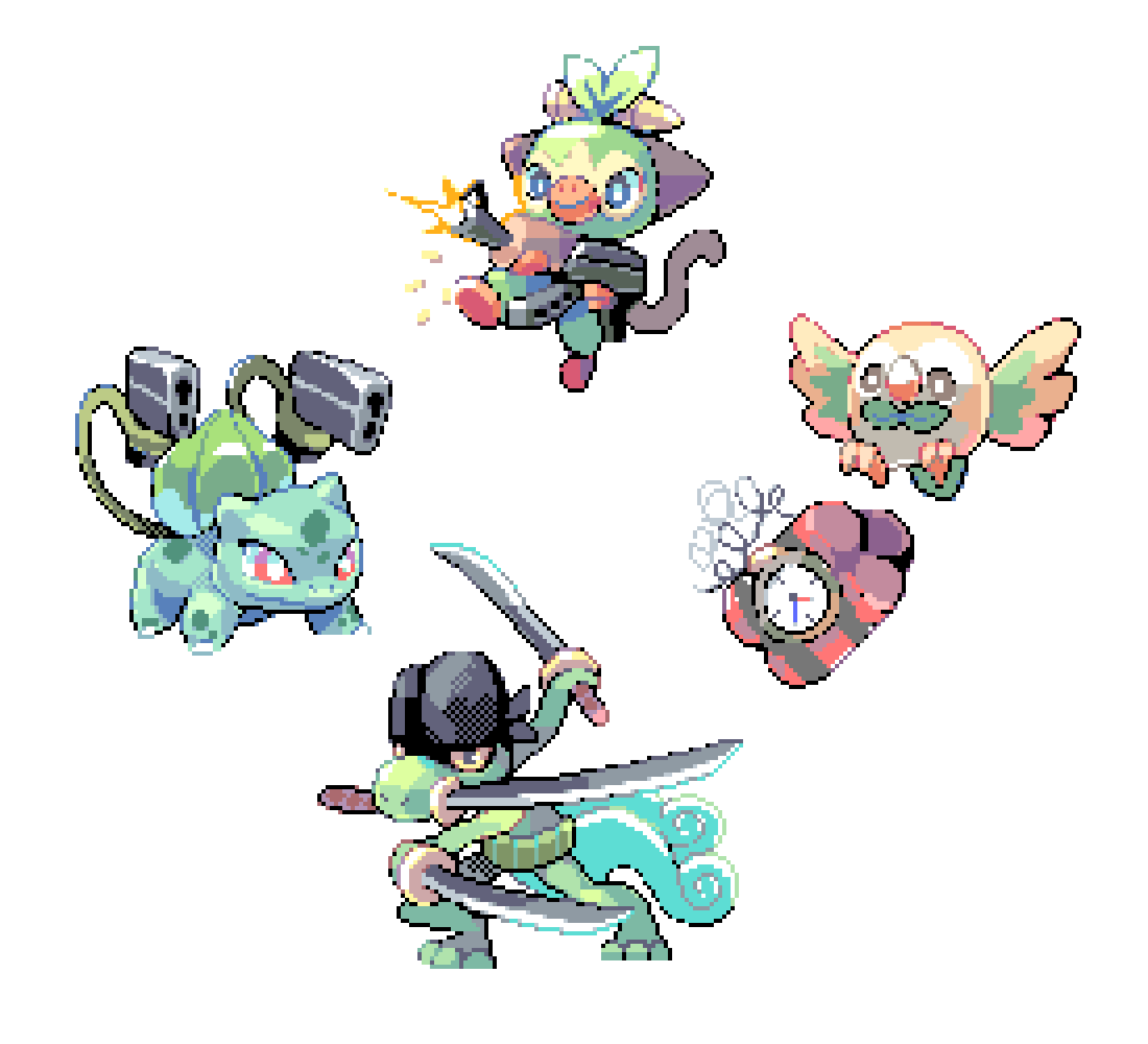 animal_focus bandana bird black_bandana bomb bright_pupils bulbasaur closed_mouth commentary cosplay creatures_(company) dual_wielding english_commentary explosive firing game_freak gen_1_pokemon gen_3_pokemon gen_7_pokemon gen_8_pokemon grookey gun highres holding holding_gun holding_weapon monkey nintendo no_humans one_piece owl pixel_art plant pokemon pokemon_(creature) red_eyes robin_(pixelated_robin) roronoa_zoro roronoa_zoro_(cosplay) rowlet simple_background smile standing sword tail talons time_bomb treecko v-shaped_eyebrows vines weapon white_background white_pupils wings