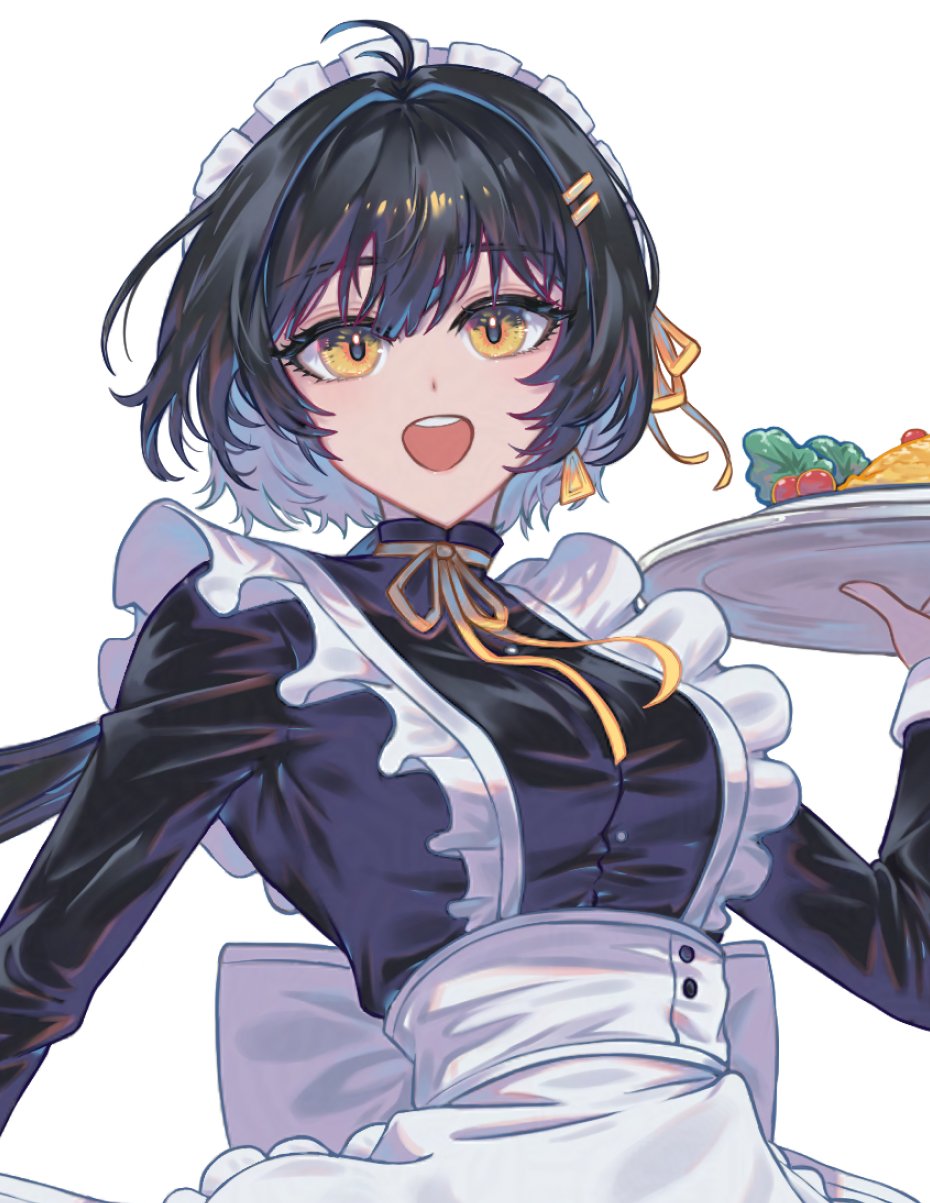 1girl alternate_costume apron black_dress black_hair breasts commentary dress earrings english_commentary enmaided female_rover_(wuthering_waves) hair_ribbon highres jewelry large_breasts looking_at_viewer maid maid_headdress nininininil open_mouth ribbon rover_(wuthering_waves) smile solo teeth triangle_earrings upper_body upper_teeth_only waist_apron white_hair wuthering_waves yellow_eyes yellow_ribbon