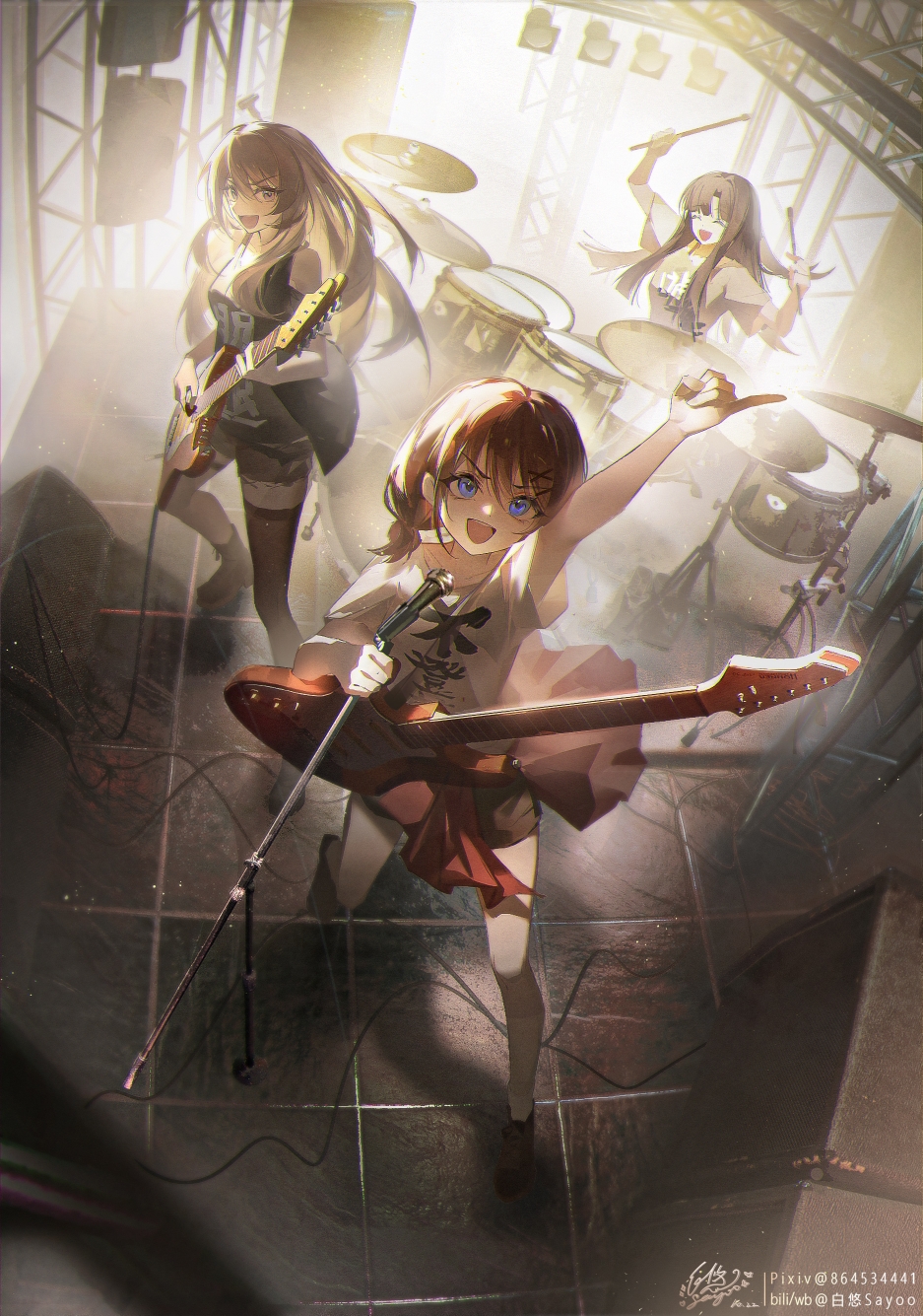 &gt;:) 3girls :d arm_up arms_up asymmetrical_legwear audio_cable awa_subaru baiyu_sayoo bilibili_username black_hair blue_eyes brown_footwear brown_hair chinese_commentary closed_eyes clothes_writing commentary_request drum drum_set drumsticks girls_band_cry grey_shirt guitar highres holding holding_drumsticks holding_guitar holding_instrument holding_microphone_stand instrument iseri_nina kawaragi_momoka long_hair looking_at_viewer medium_hair microphone_stand multiple_girls open_mouth pinky_out pixiv_username playing_guitar playing_instrument shirt shoes short_sleeves shorts sidelocks signature single_thighhigh sitting smile stage stage_lights standing t-shirt thighhighs v-shaped_eyebrows white_shirt