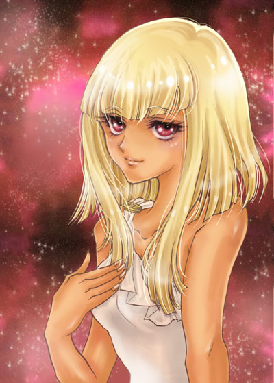 10s 1girl artist_request blonde_hair dark_skin dark-skinned_female dress female_focus looking_at_viewer pallas saint_seiya saint_seiya_omega solo