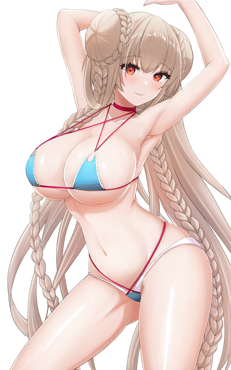 1girl armpits arms_up azur_lane bikini blue_bikini blush braid breasts brown_hair closed_mouth cowboy_shot double_bun formidable_(azur_lane) formidable_(the_lady_of_the_beach)_(azur_lane) hair_bun highres large_breasts long_hair looking_at_viewer official_alternate_costume red_eyes simple_background smile swimsuit thighs underboob vik_(xypt7474) white_background