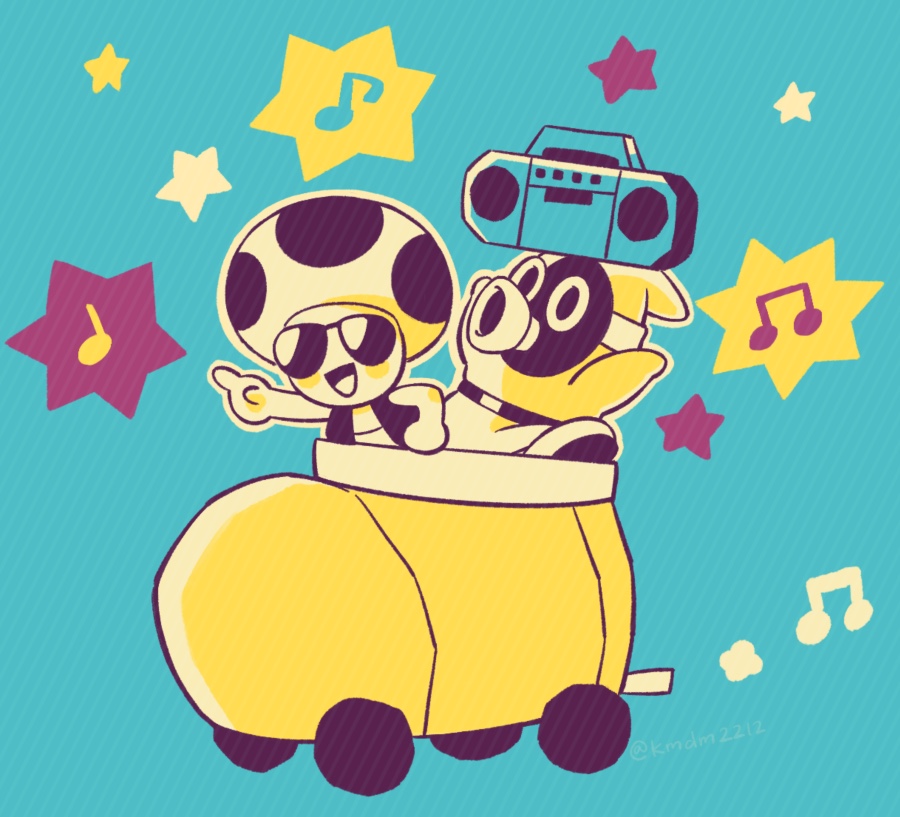 belt belt_buckle blue_background buckle commentary_request dama8457 dj_toad gas_mask glasses happy holding holding_radio limited_palette mario_(series) mask musical_note nintendo no_humans opaque_glasses open_clothes open_mouth open_vest oversized_object paper_mario paper_mario:_the_origami_king pointing pointing_forward puff_of_air radio riding roller_skates shoes skates smile snifit spoken_musical_note striped_background sunglasses vest
