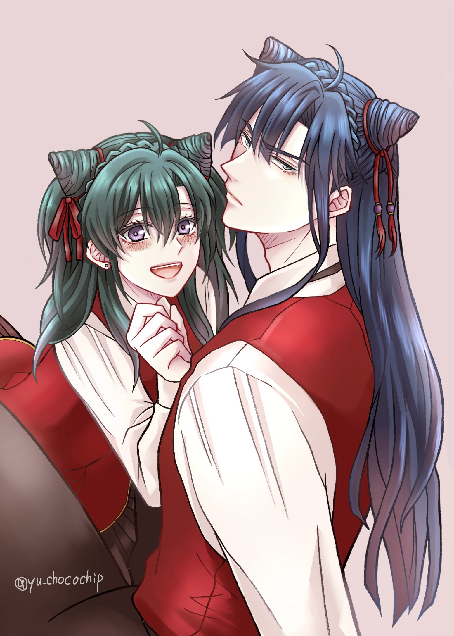 1boy 1girl ahoge animal_ears blue_hair blush braid brown_pants brown_skirt cat_ears collared_shirt d.gray-man dress earrings frown green_hair grey_eyes hair_between_eyes hair_over_shoulder hair_ribbon highres jewelry kanda_yuu leaning_forward lenalee_lee long_hair looking_at_another looking_at_viewer medium_hair miniskirt open_mouth pants pink_background purple_eyes red_dress red_ribbon red_vest ribbon shirt sidelocks signature simple_background sitting skirt smile stud_earrings twitter_username vest white_shirt yu_chocochip