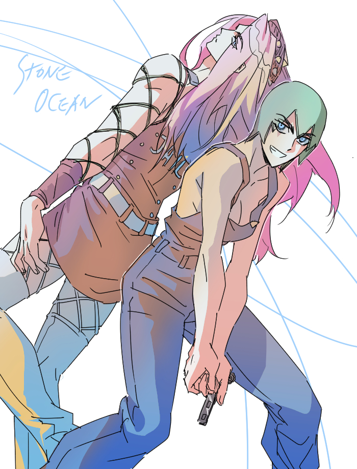 1boy 1girl back-to-back belt blue_eyes blue_overalls breasts cleavage commentary_request copyright_name crossdressing eyes_visible_through_hair fishnet_sleeves fishnets foo_fighters_(jojo) green_hair grin hat jeonjin_(mynamebazin) jojo_no_kimyou_na_bouken korean_commentary long_hair medium_breasts miniskirt narciso_anasui overalls pink_hair short_hair skirt smile stone_ocean thighhighs white_belt white_thighhighs