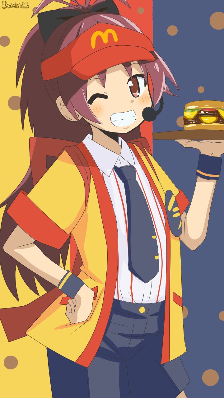 1girl badge bambi2000line black_bow blue_background blue_necktie blue_shorts blush bow burger button_badge commentary cosplay cowboy_shot imadake_dabuchi_tabemi employee_uniform fast_food_uniform food grin hair_bow hand_on_own_hip happi hat headset highres holding holding_tray imadake_dabuchi_tabemi_(cosplay) japanese_clothes long_hair looking_at_viewer mahou_shoujo_madoka_magica mcdonald&#039;s microphone necktie one_eye_closed open_happi pinstripe_pattern pinstripe_shirt polka_dot polka_dot_background red_background red_eyes red_hair sakura_kyoko shirt short_sleeves shorts signature smile solo striped_clothes striped_shirt three-toned_background tie_clip tray vertical-striped_clothes vertical-striped_shirt visor_cap white_shirt yellow_background yellow_happi