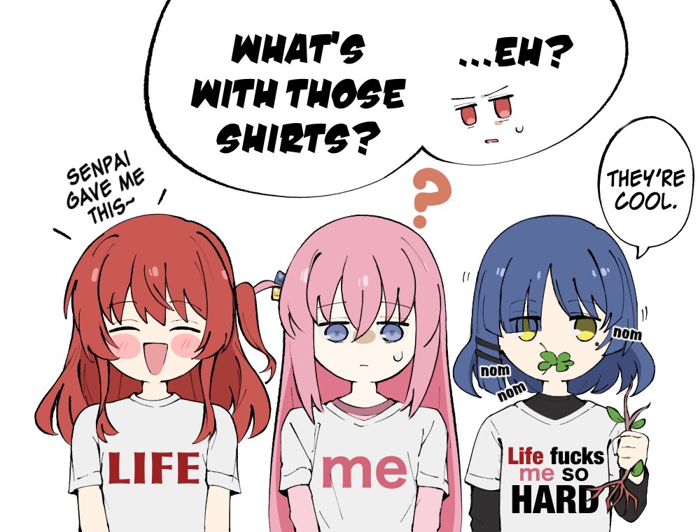 3girls black_shirt blue_eyes blue_hair blush_stickers bocchi_the_rock! clothes_writing commentary cube_hair_ornament eating english_text eyes_visible_through_hair gotoh_hitori hair_ornament hair_over_one_eye hairclip holding iri_miyu kita_ikuyo layered_sleeves long_sleeves multiple_girls one_side_up open_mouth pink_hair red_hair shirt short_over_long_sleeves short_sleeves smile t-shirt yamada_ryo yellow_eyes yellow_shirt
