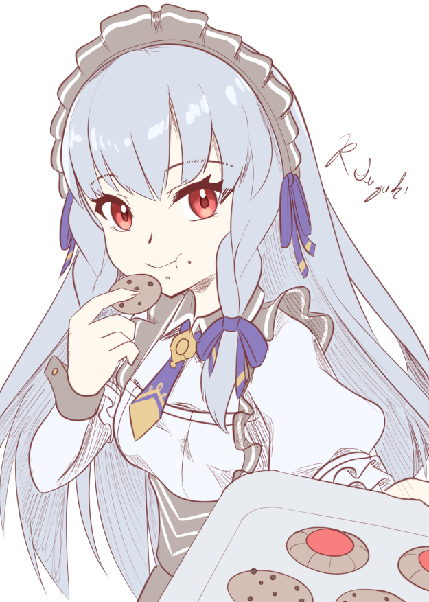 1girl baking_sheet black_headdress chewing commentary cookie english_commentary eyelashes fire_emblem fire_emblem:_three_houses food grey_hair holding holding_cookie holding_food holding_tray long_hair looking_at_viewer lysithea_von_ordelia lysithea_von_ordelia_(tea_party) nintendo red_eyes ryo-suzuki signature simple_background smile solo tray white_background